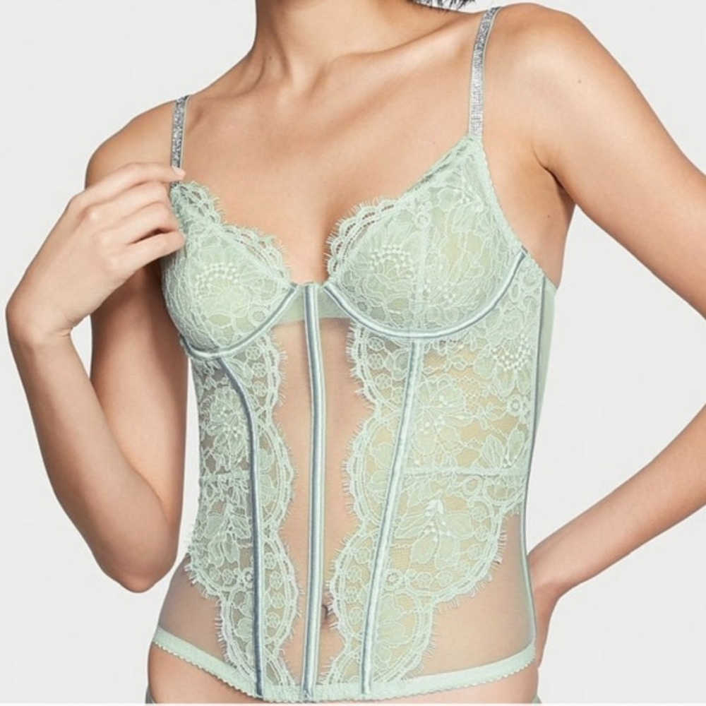 •NWT Victoria’s Secret Shine Strap Mint Haze Lace Corset // 32D